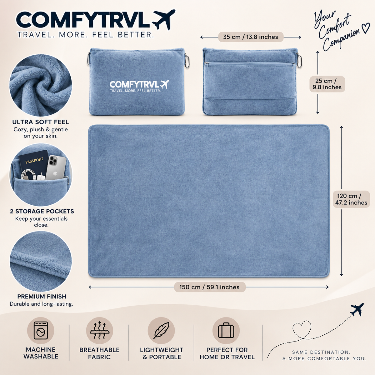 COMFYTRVL™ 2-in-1 Travel Blanket + Pillow
